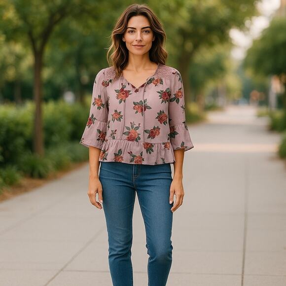 Self Esteem Floral Peplum Hem Bell Sleeve Blouse Y2K Lace Loose Fit Size Medium - Picture 9 of 9